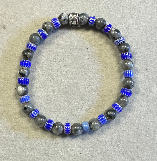 Black Labradorite with Blue Glass Spacer Handmade Natural Gemstone Stretchy