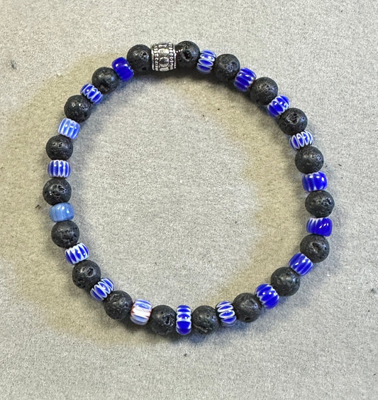 Volcanic Lava Stone 6mm Small with Blue Glass Bead Stretchy