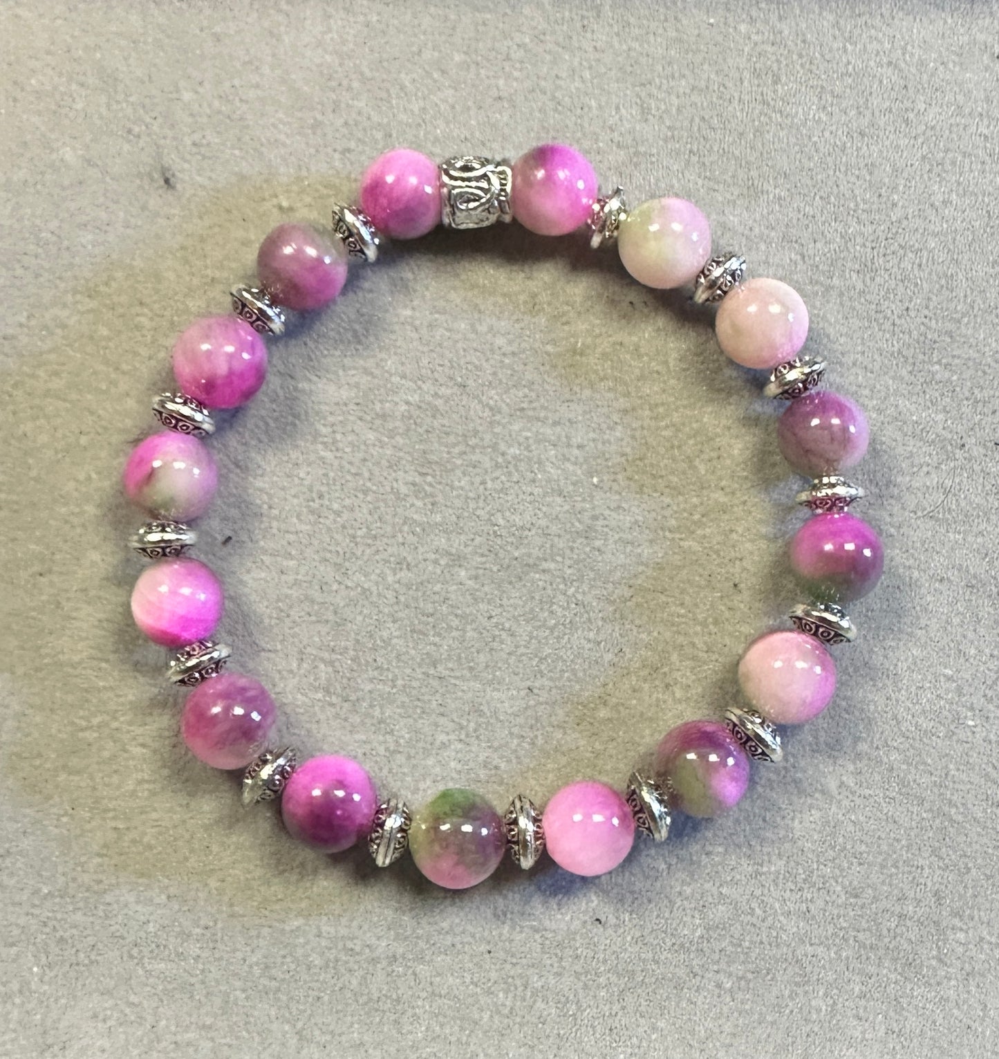Pink Persian Jade Stretchy Bracelet – 8mm Gemstone Beads with Tibetan Silver Accent