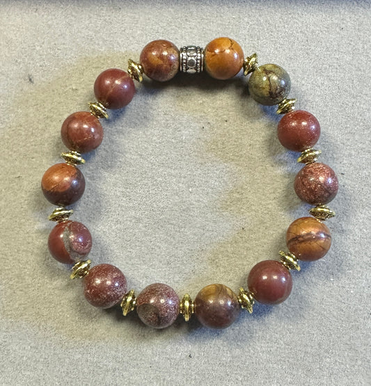 Earthy Sea Sediment Stone 10mm with Tibetan Brass Bead – Handmade Gemstone Stretch Bracelet