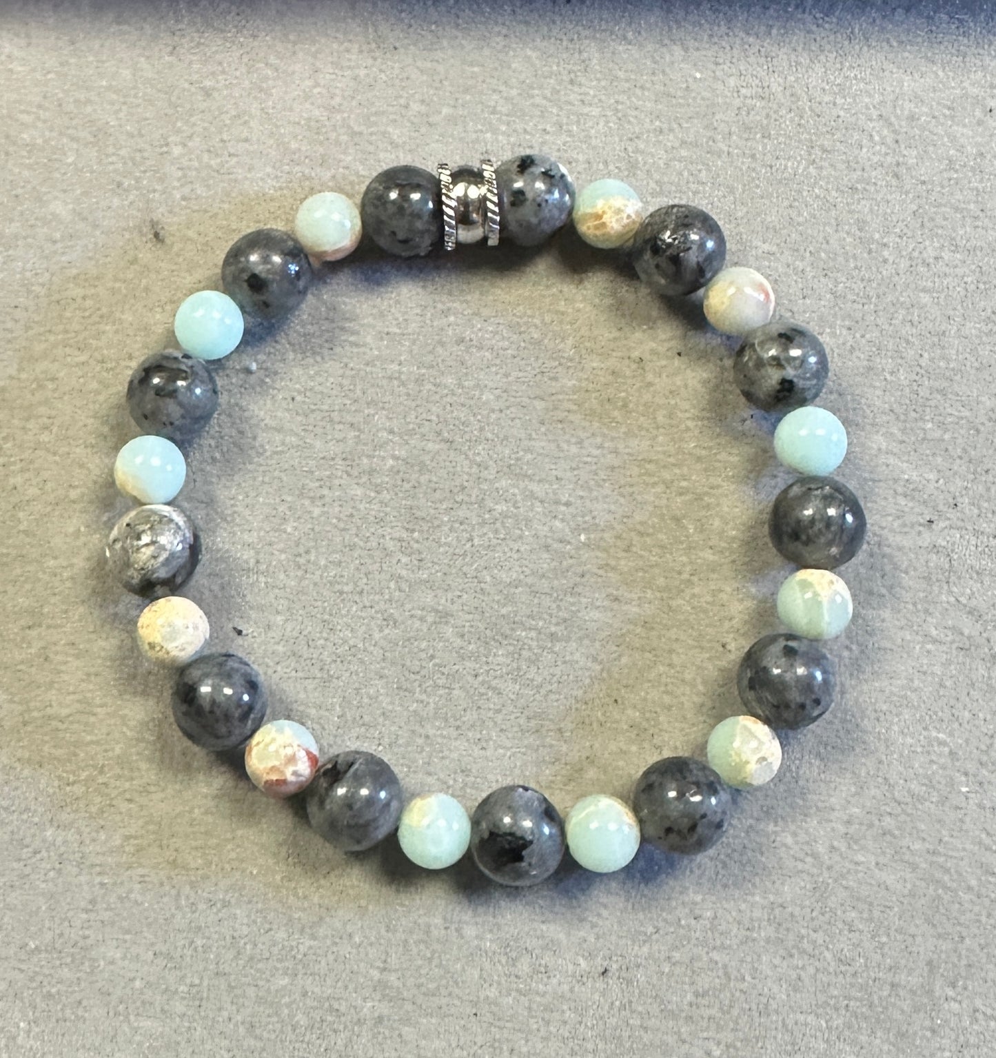 Black Labradorite 10mm with 8mm Blue Sea Sediment Handmade Gemstone Stretch Bracelet