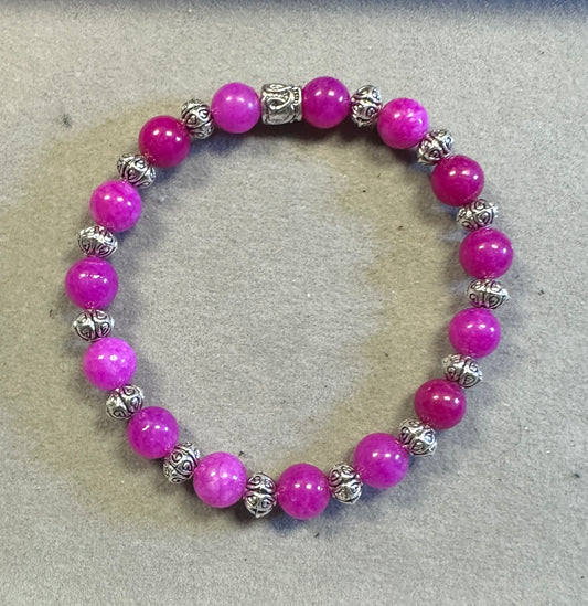 Pink Tourmaline 8m with Tibetan Silver Spacer Handmade Natural Gemstone Stretchy Bracelet