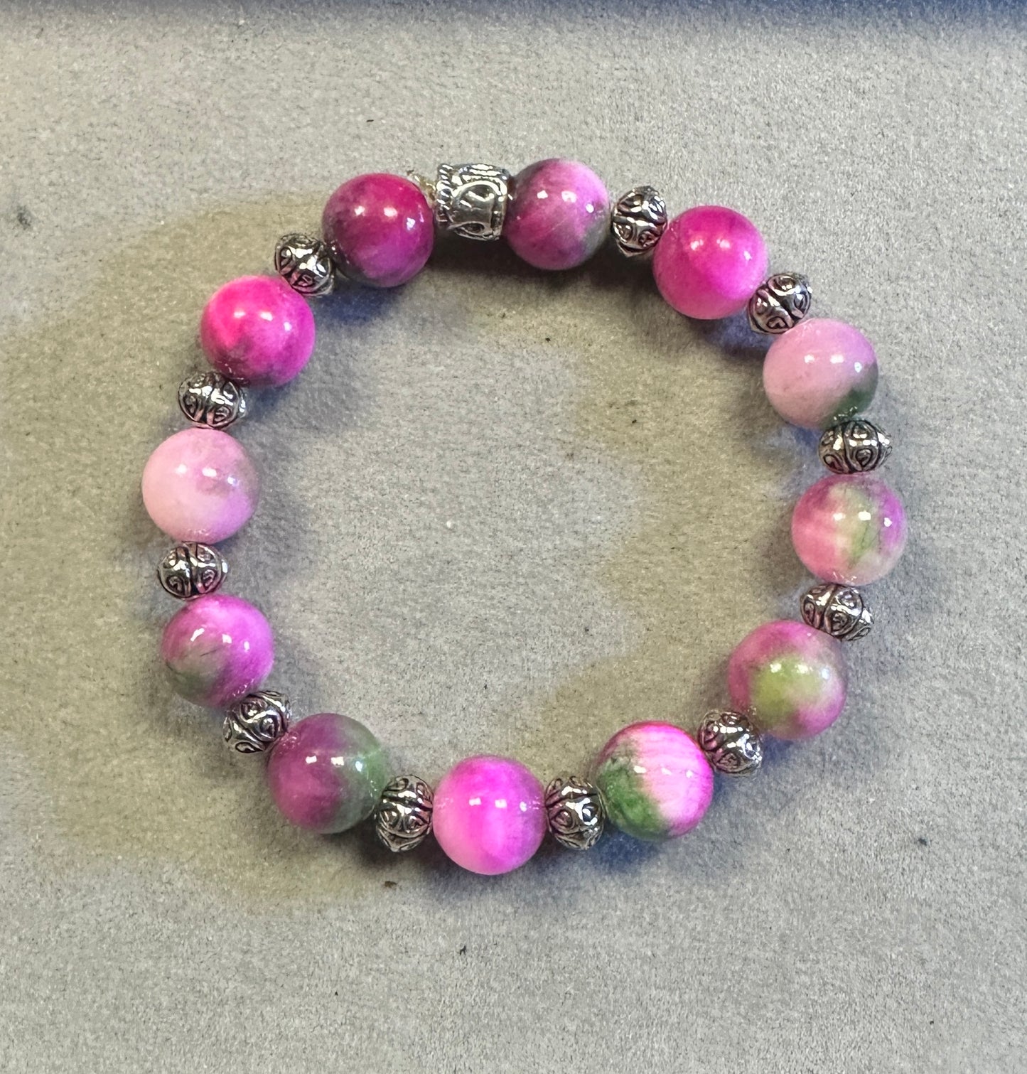 Pink Persian Jade 10mm with Tibetan Silver Bead Handmade Natural Gemstone Stretchy Bracelet