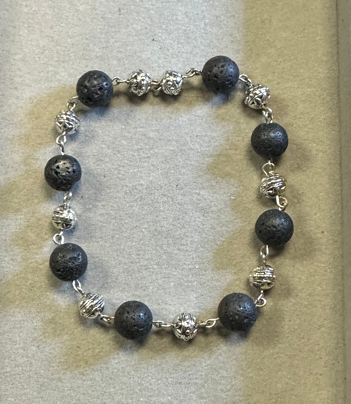 Volcanic Black Lava 10mm Wire Wrap with Tibetan Silver Bead 6mm
