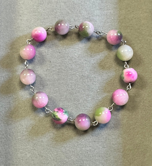 Pink Tourmaline Persian Jade Wire Wrap Bracelet 10mm Gemstone Bead