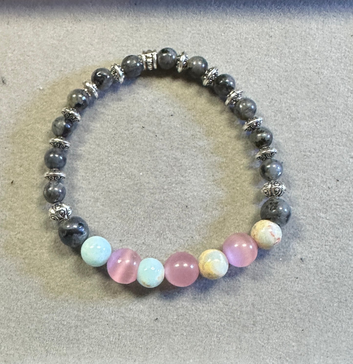 Pink Quartz, Blue Sea Sediment Stone, Black Labradorite with Tibetan Silver Spacer Handmade Stretchy Bracelet