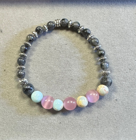 Pink Quartz, Blue Sea Sediment Stone, Black Labradorite with Tibetan Silver Spacer Handmade Stretchy Bracelet