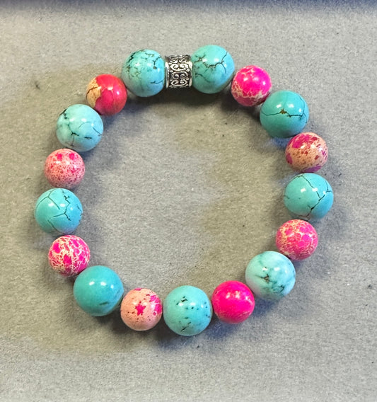 Chunky 12mm Howlite Turquoise with 10mm Pink Sea Sediment – Handmade Gemstone Stretch Bracelet