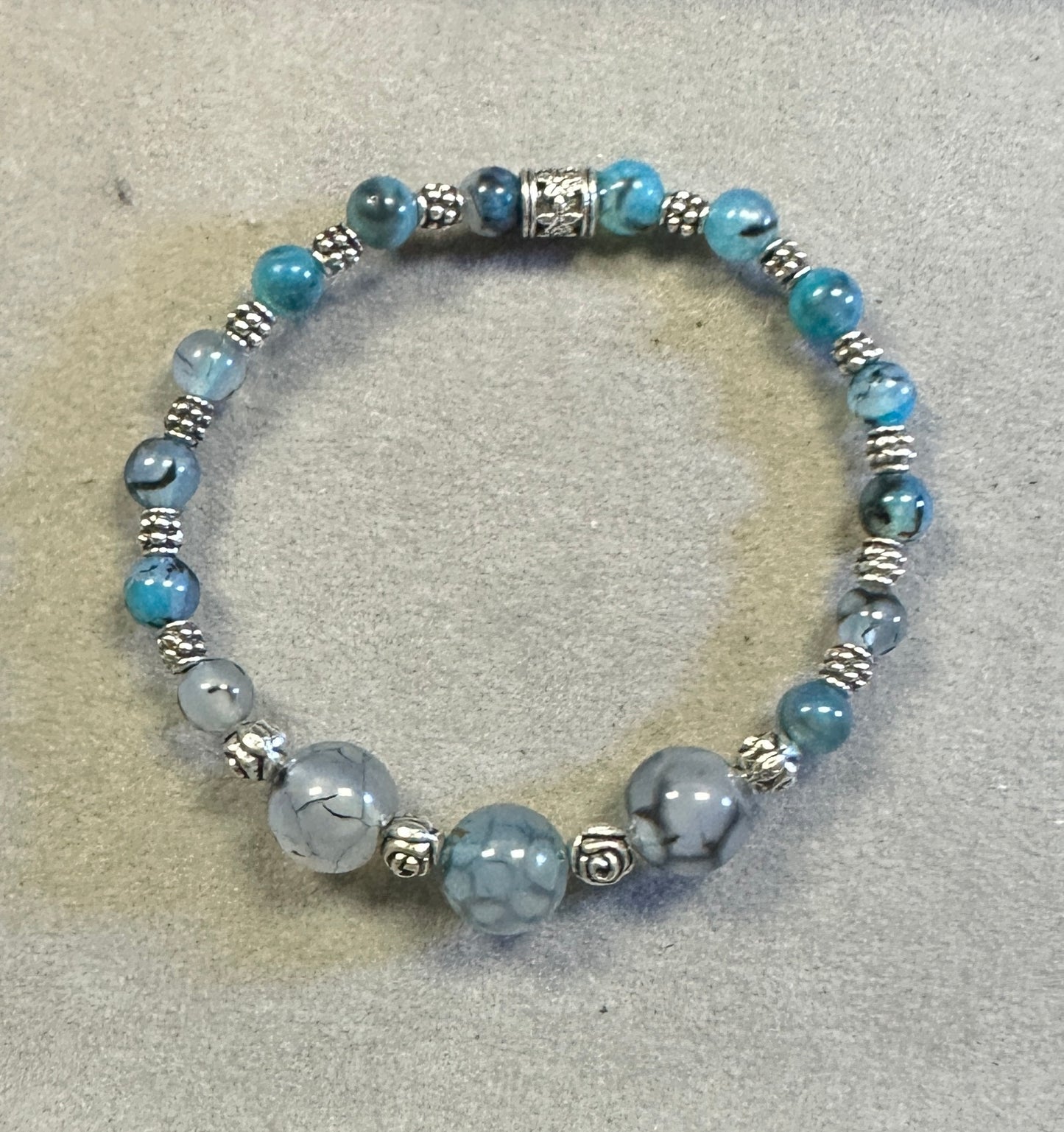 Blue Dragon Vein Agate with Tibetan Silver Spacer Handmade Stretchy Bracelet