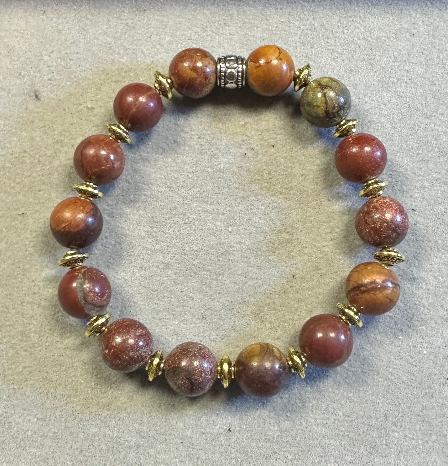 Earthy Sea Sediment Stone 10mm with Tibetan Brass Bead – Handmade Gemstone Stretch Bracelet