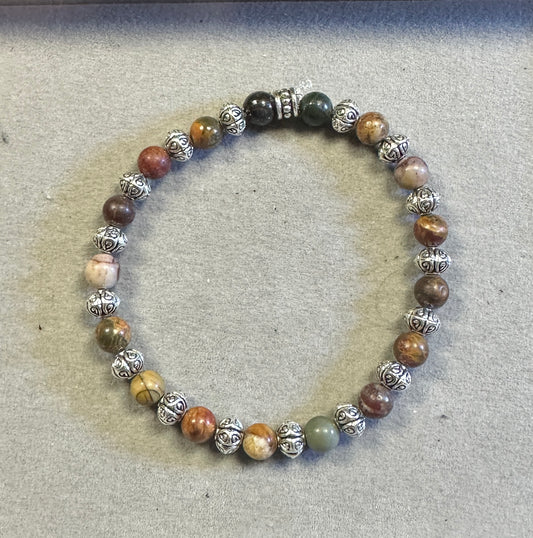 Earthy Sea Sediment Stone 6mm with Tibetan Silver Bead – Handmade Gemstone Stretch Bracelet