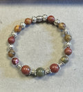 Earthy Sea Sediment 8 & 10mm with Tibetan Silver Bead – Handmade Gemstone Stretch Bracelet