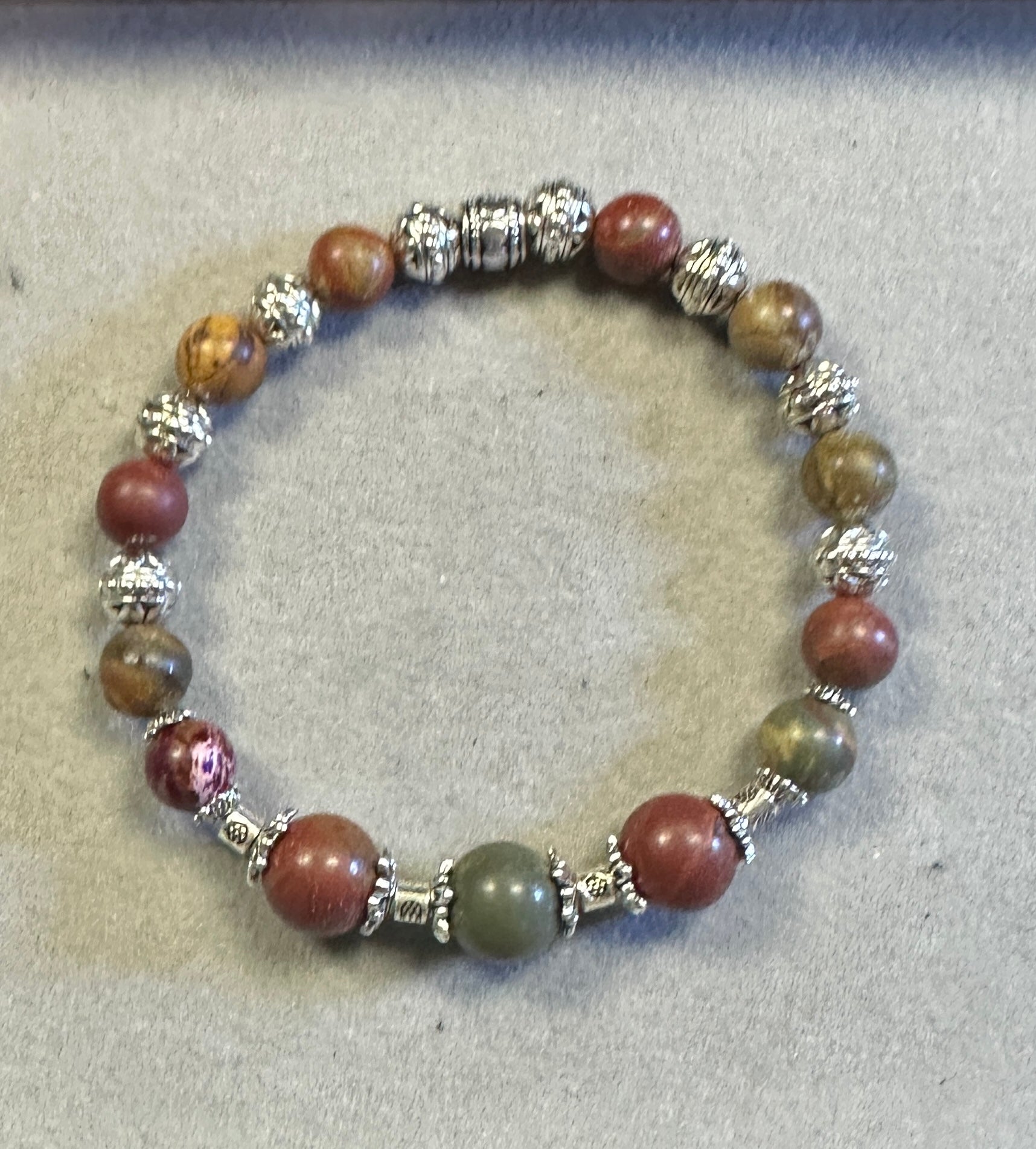 Earthy Sea Sediment 8 & 10mm with Tibetan Silver Bead – Handmade Gemstone Stretch Bracelet