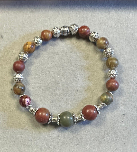 Earthy Sea Sediment 8 & 10mm with Tibetan Silver Bead – Handmade Gemstone Stretch Bracelet