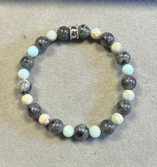 Black Labradorite 10mm with 8mm Blue Sea Sediment Handmade Gemstone Stretch Bracelet