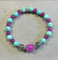 Pink Tourmaline Bracelet with Tibetan Silver, Black Labradorite & Howlite Turquoise Stretchy