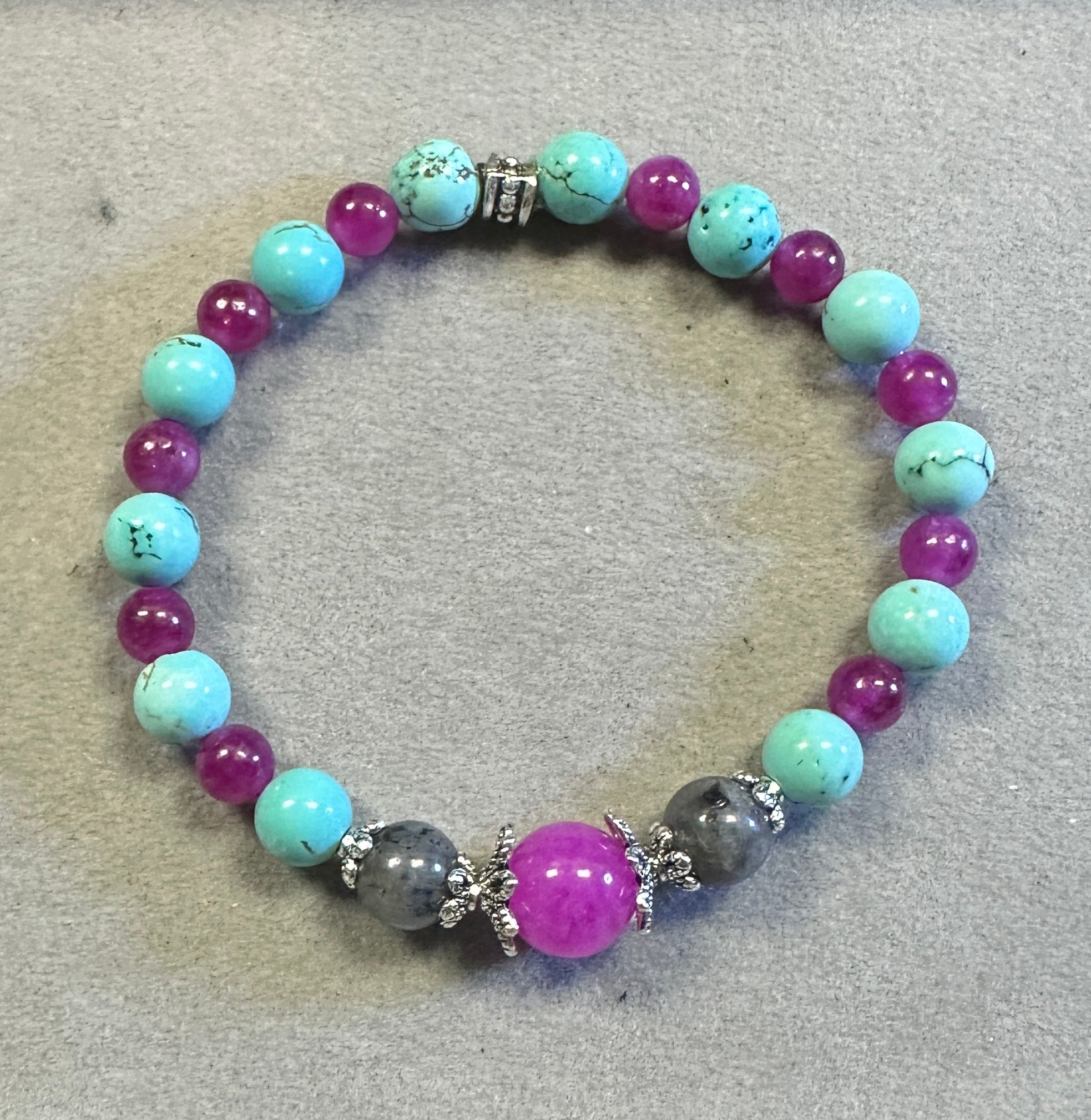 Pink Tourmaline Bracelet with Tibetan Silver, Black Labradorite & Howlite Turquoise Stretchy