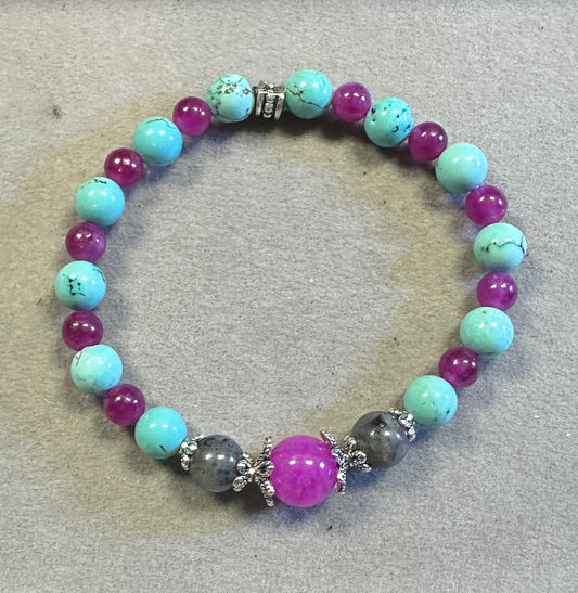 Pink Tourmaline Bracelet with Tibetan Silver, Black Labradorite & Howlite Turquoise Stretchy