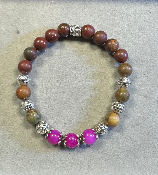 Pink Tourmaline and Earthy Sea Sediment with Tibetan Silver Bead – Handmade Gemstone Stretch Bracelet