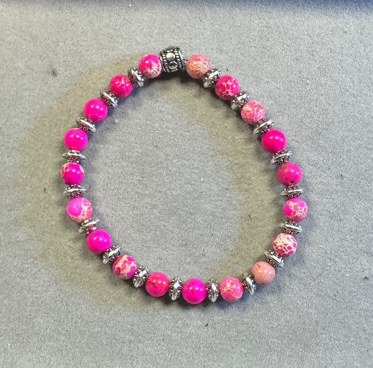 Pink Sea Sediment Jasper with Tibetan Silver Spacer Handmade Gemstone Stretchy Bracelet