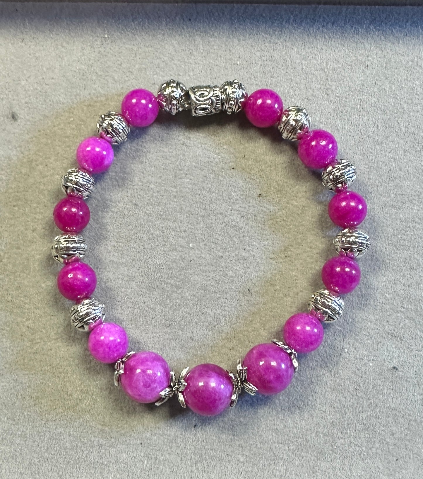Pink Tourmaline with Tibetan Silver Bead and Flower Spacers Handmade Natural Gemstone Stretchy