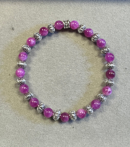 Pink Tourmaline 6mm with Tibetan Silver Bead Natural Gemstone Stretchy Bracelet