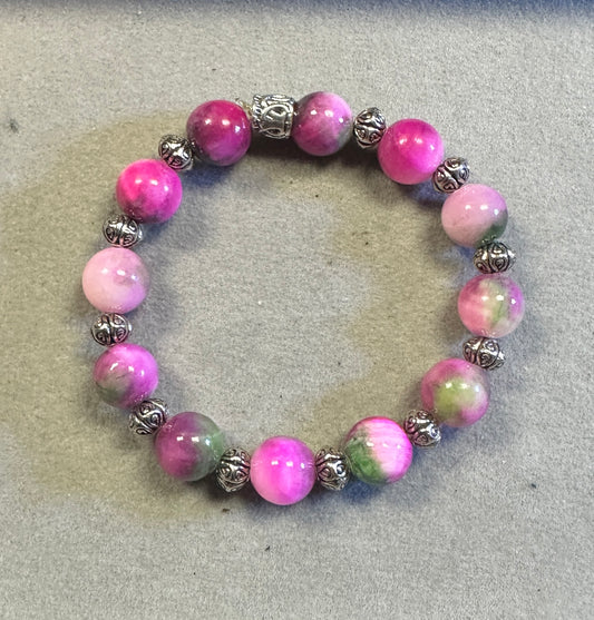 Pink Persian Jade 10mm with Tibetan Silver Bead Handmade Natural Gemstone Stretchy Bracelet