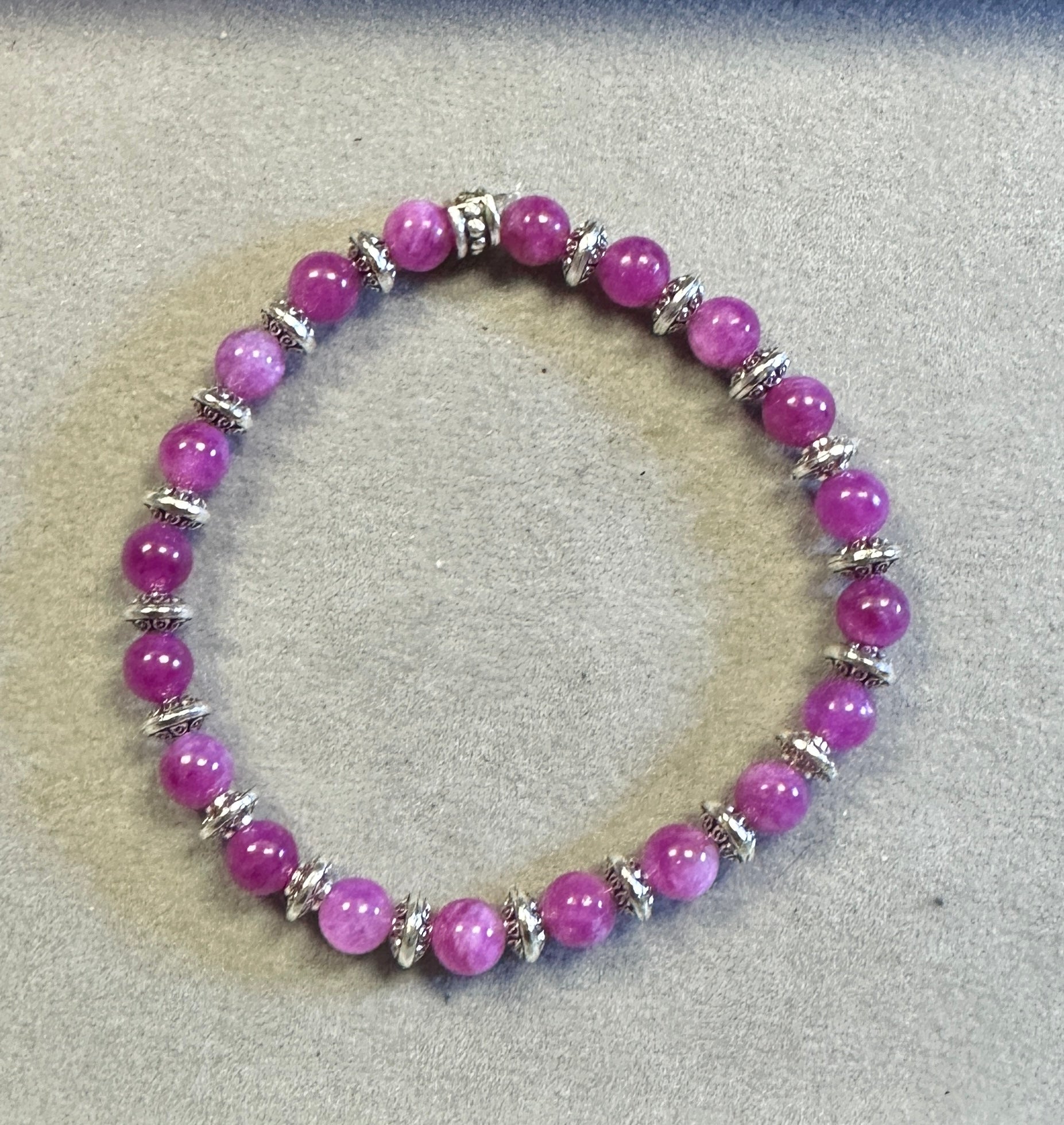 Pink Tourmaline 6mm with Tibetan Silver Spacer Handmade Natural Gemstone Stretchy Bracelet
