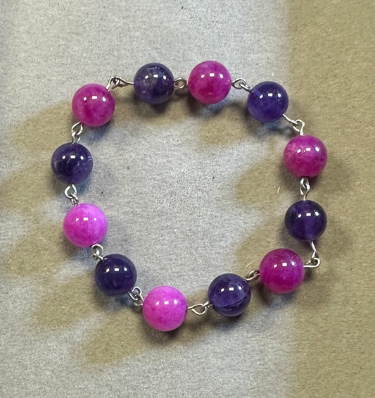Pink Tourmaline and Amethyst Wire Wrap 10mm Gemstone Bead